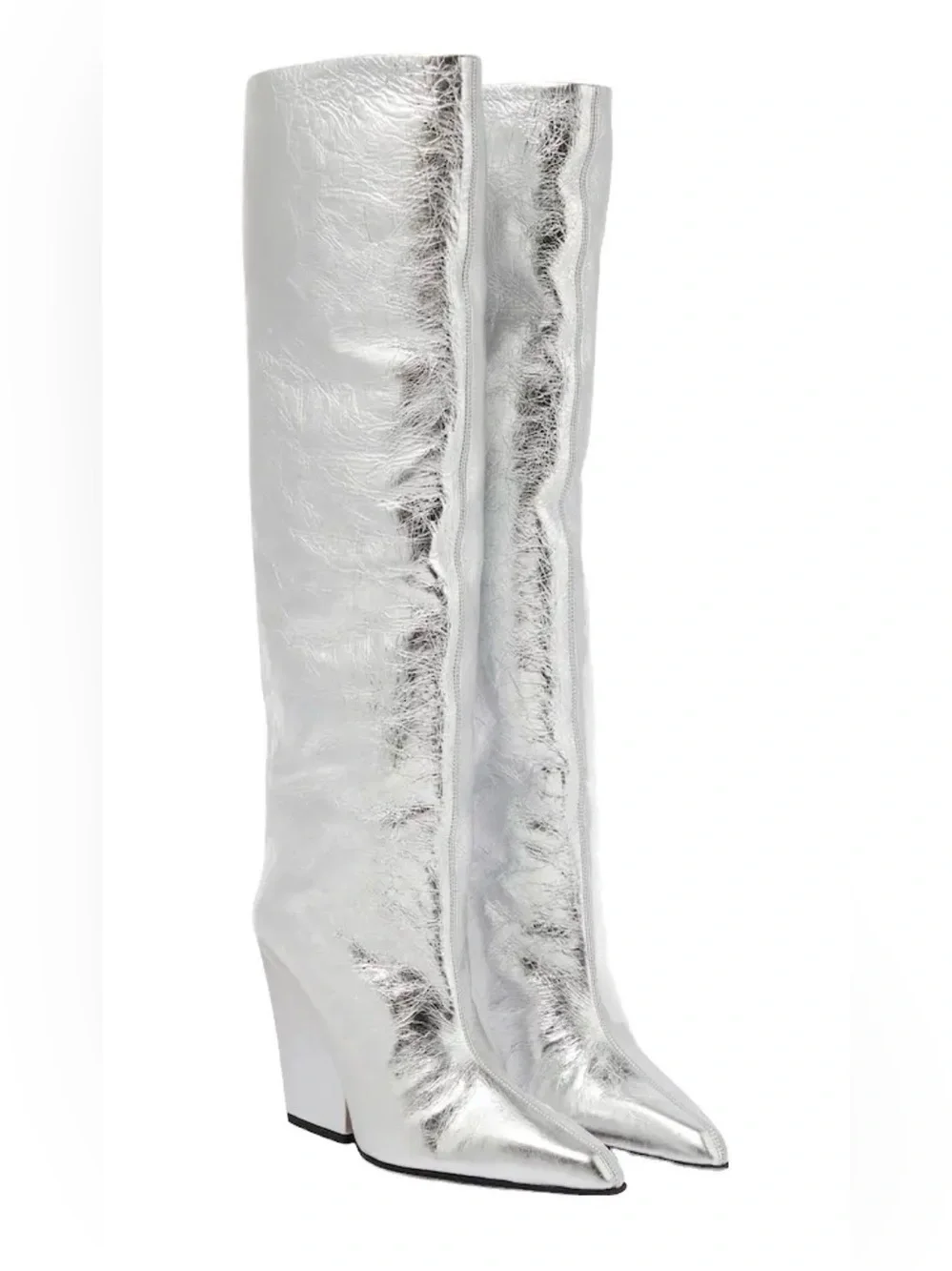 Paris Texas Jane Silver Over-the-Knee Crinkled Leather Metallic Boots New In Box